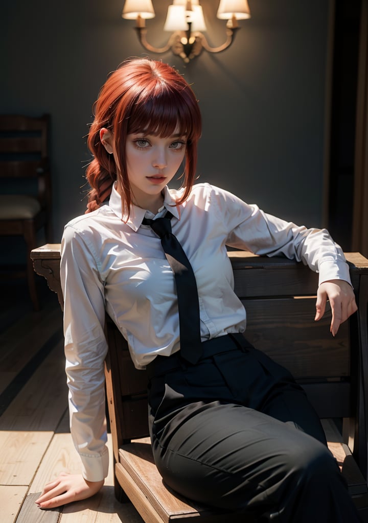 Best quality, masterpiece, ultra high res, (photorealistic:1.5), raw photo, 1girl, Beautiful eyes, cinematic, atmospheric effects, Makima, sitting on throne, wearing long sleeve shirt with tie, black pants, smiling, cross legs