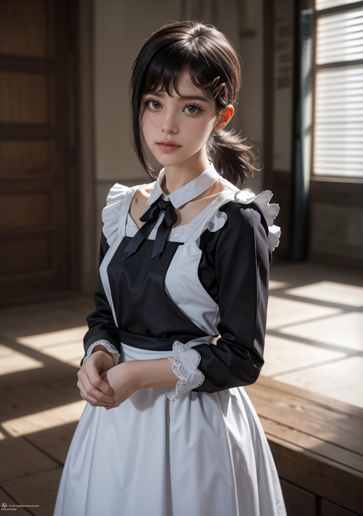 Best quality, masterpiece, ultra high res, (photorealistic:1.5), raw photo, 1girl, Beautiful eyes, cinematic, atmospheric effects, Kobeni, wearing maid dress, standing straight, full covered, non-revealing, modest,