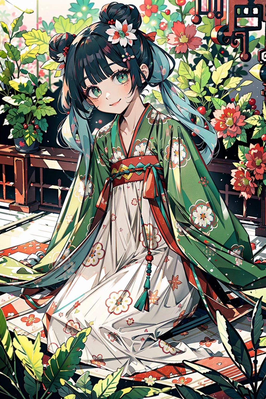 (masterpiece, best quality, highres:1.3), ultra resolution image, (1girl), (solo), kawaii, little girl, 6 years old, kawaii, black space buns, fringe, emerald eyes, (soft sunlight:1.3), flowers, innocent, happy, hanfu,  (hanfu),(chinese clothes),((floral print))