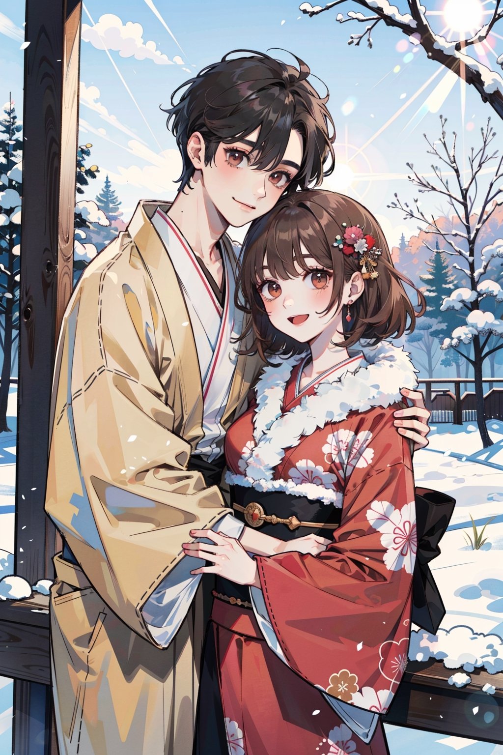 (masterpiece, best quality, highres:1.3), ultra resolution image, couple, romance, kawaii, black-hair boy and brown-hair girl, happy, cuddling, kimono, outdoor, (sunlight: 1.3), winter, natural accessories