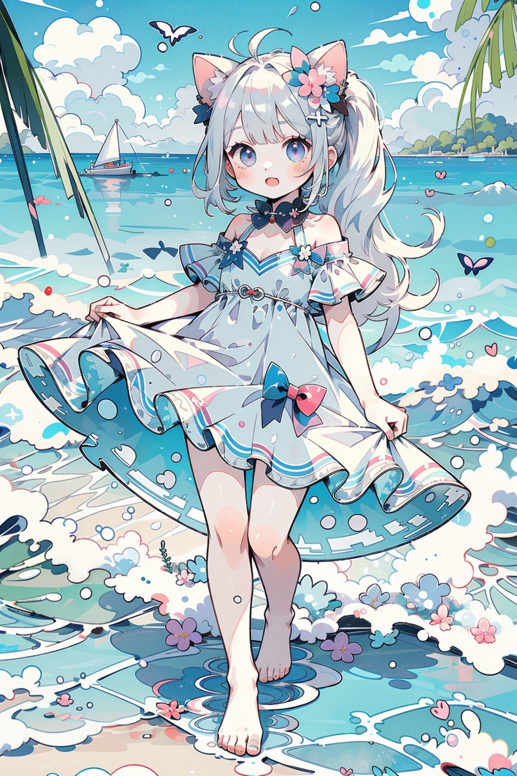 (masterpiece, best quality, highres:1.3), ultra resolution image, (1girl), (solo), full body, kawaii, little girl, kawaii, silver short pony tail, fringe, violet eyes, bare foot,dress, beach, sea, water, cat