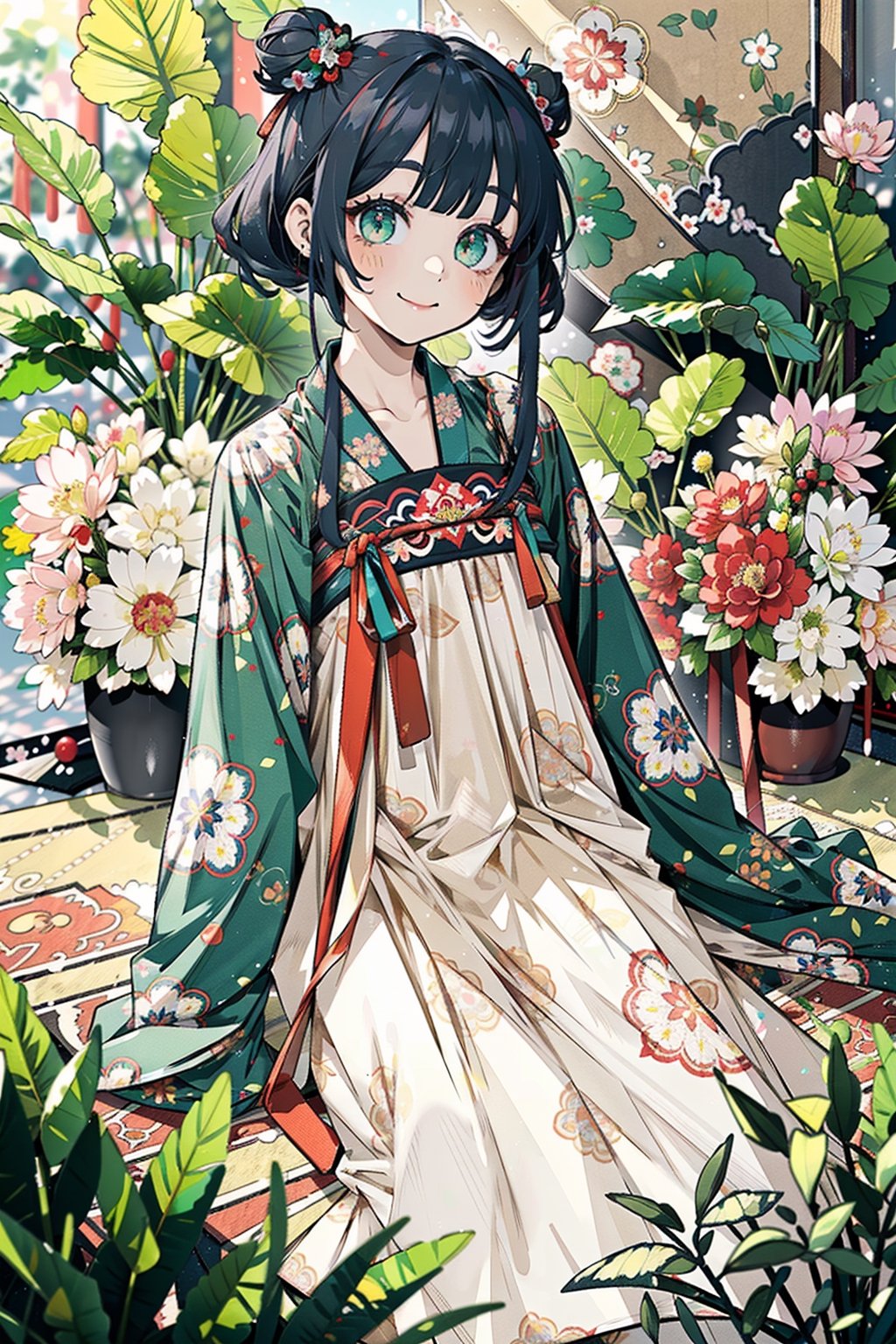 (masterpiece, best quality, highres:1.3), ultra resolution image, (1girl), (solo), kawaii, little girl, 6 years old, kawaii, black space buns, fringe, emerald eyes, (soft sunlight:1.3), flowers, innocent, happy, hanfu,  (hanfu),(chinese clothes),((floral print))
