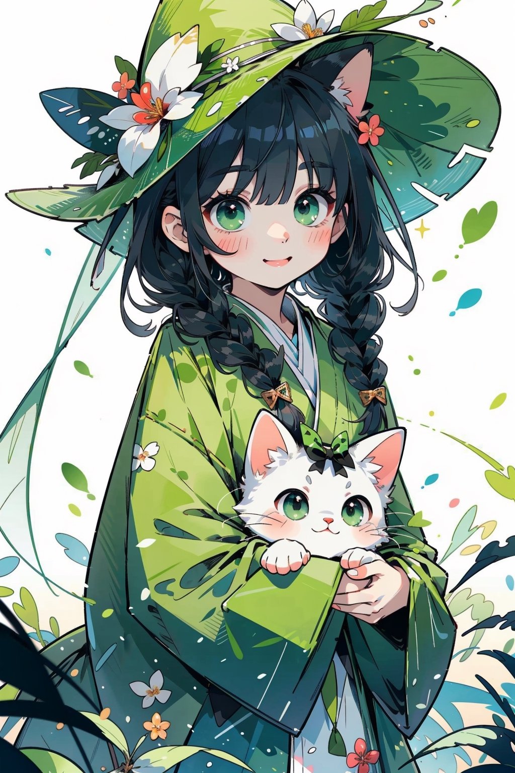 (masterpiece, best quality, highres:1.3), ultra resolution image, (1girl), (solo), little girl, green witch's big hat, green robe, kawaii, black twin braid, fringe, emerald eyes, happy, flowers: 1.2,cat
