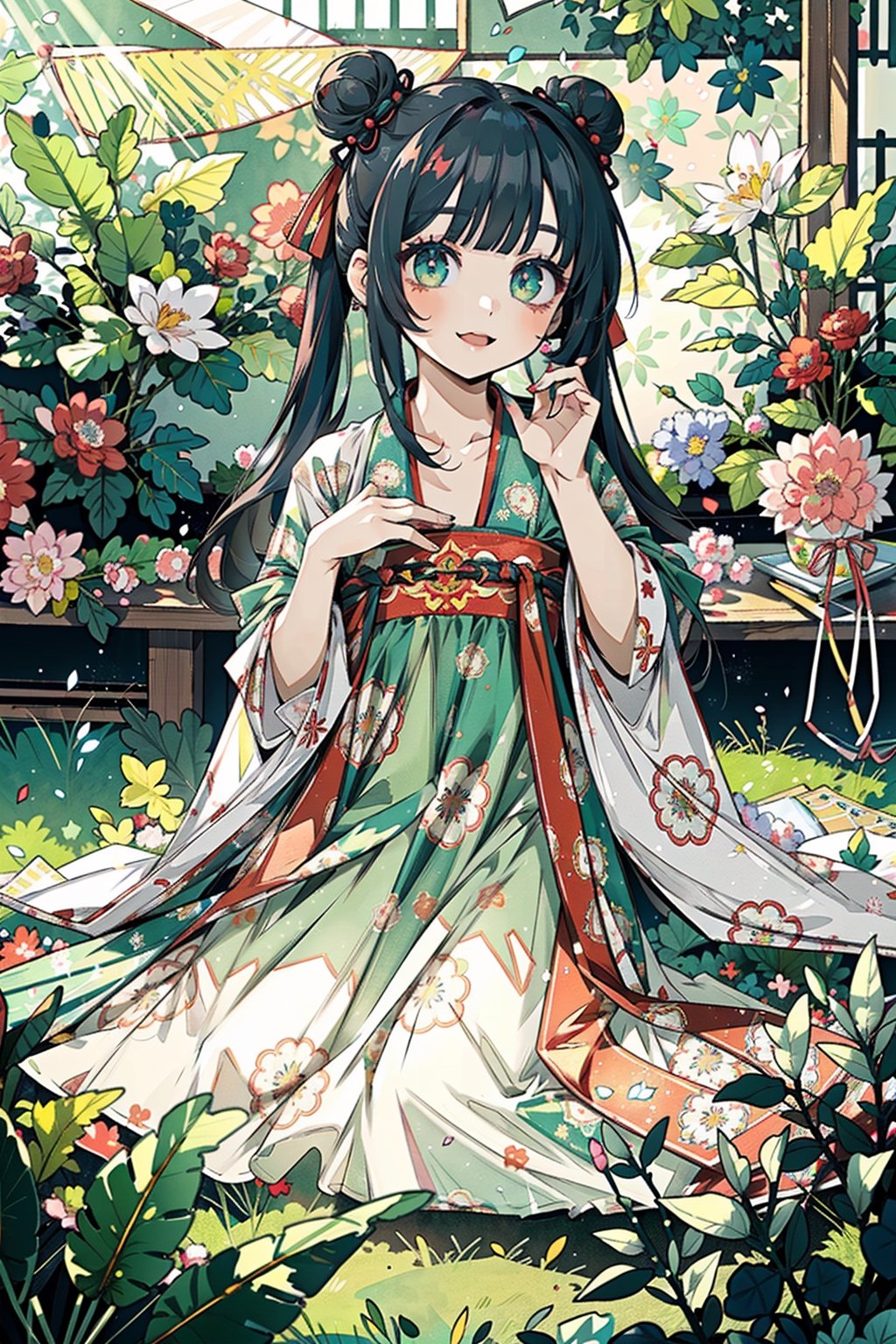 (masterpiece, best quality, highres:1.3), ultra resolution image, (1girl), (solo), kawaii, little girl, 6 years old, kawaii, black space buns, fringe, emerald eyes, (soft sunlight:1.3), flowers, innocent, happy, hanfu,  (hanfu),(chinese clothes),((floral print))