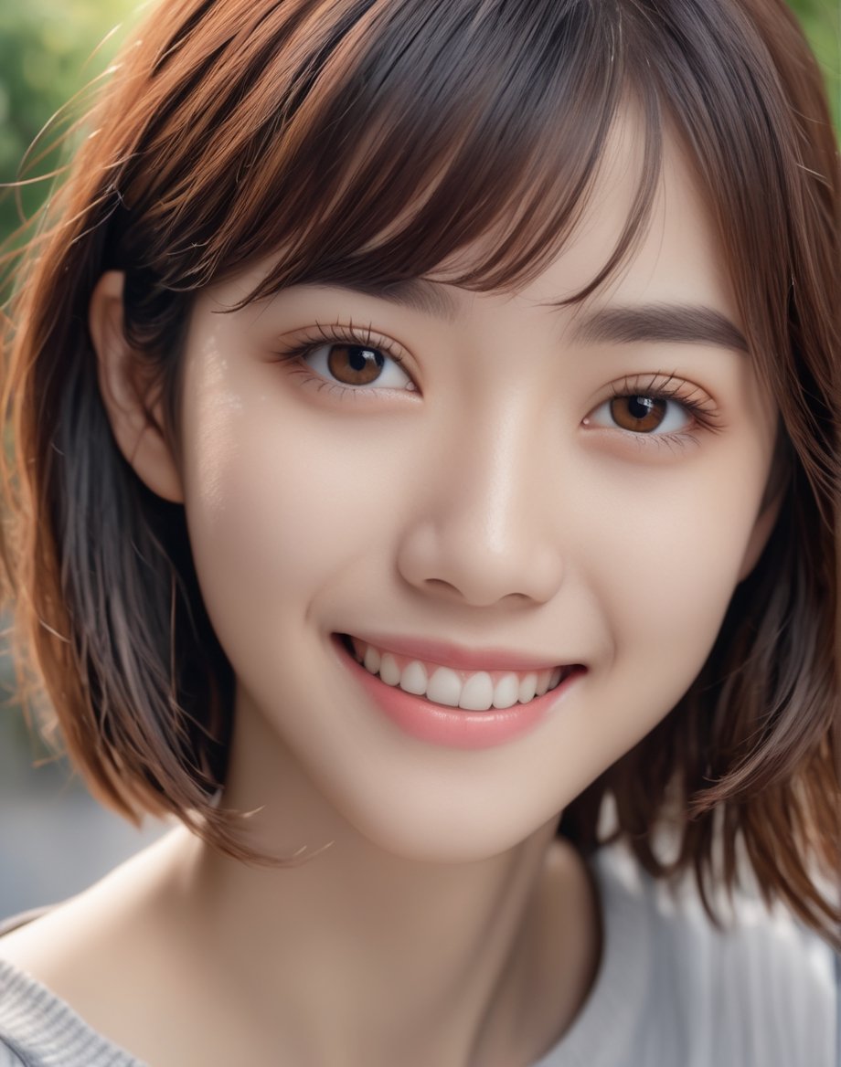 best quality, 8k, 8k UHD, ultra realistic, ultra detailed, hyperdetailed photography, real photo, realistic eyes, solo female, beautiful, japanese, detailed hair, photo r3al, outdoors, detailed face, 25 years old, smile, natural beauty, upper body, closeup, narrow body, narrow shoulders, 