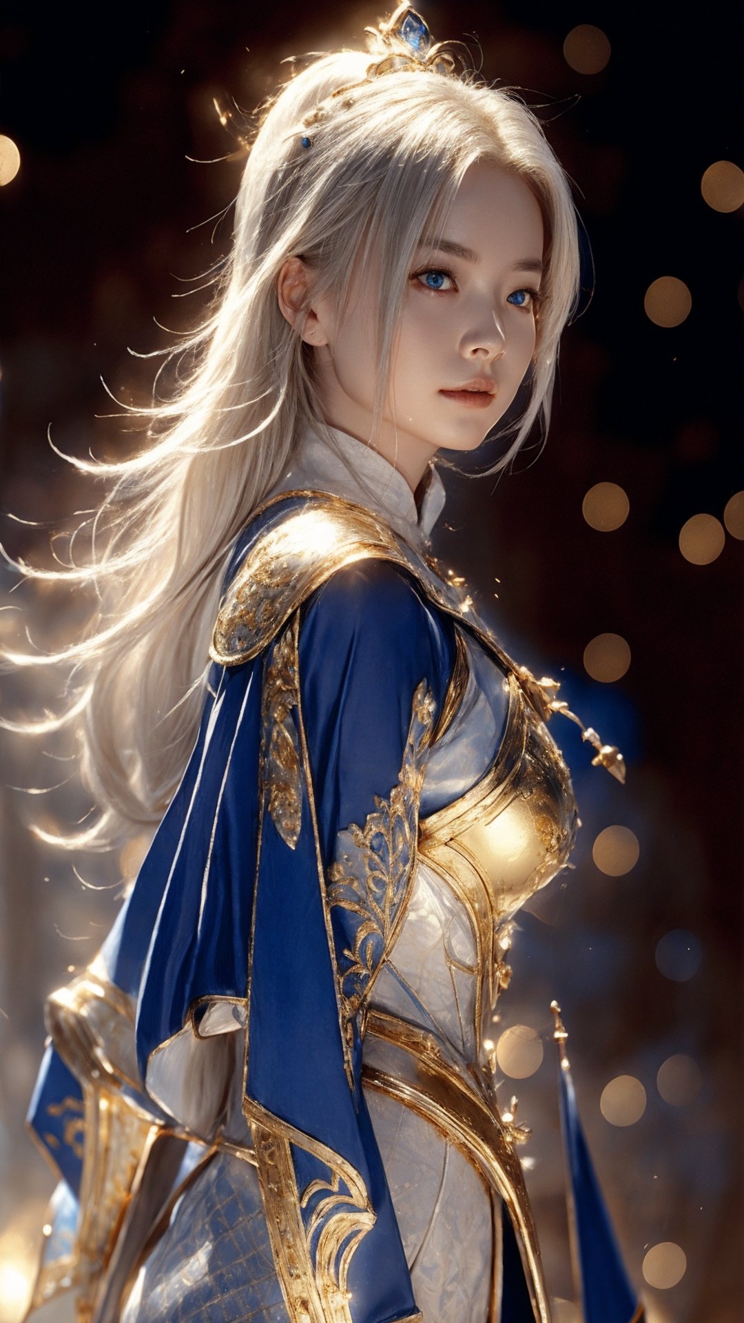 best quality, high resolution, 8k, realistic, sharp focus, photorealistic image of a graceful white haired lady, blue eyes, this lady wearing golden armor with golden magical bell in her possesion, shiny skin, ice theme, huoshen, zhurongshi, huoshen, blurry_light_background, EpicSky,1 girl,hyojoo