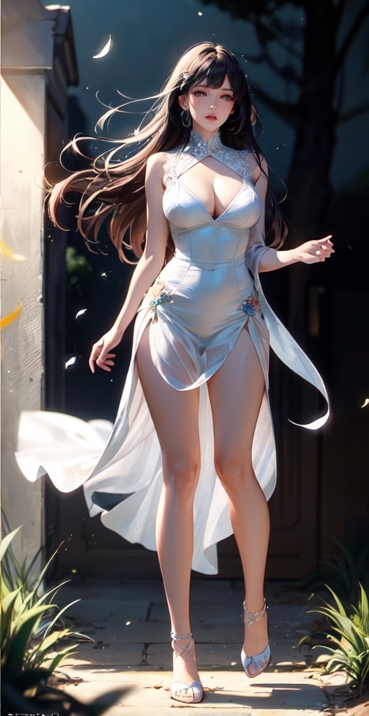 Best quality, high resolution, 8k, realistic and sharp focus,(((full body;1.3))),Woman in sexy white and light blue red dress with tight and deep cleavage created by famous artist ,Space Sky, Moon, windy, dark mode, swaying dress, 1 woman, very intricate details, two people in one frame, fantastic feathers, vibrant colors, garden covered with gypsum roses, beautiful face, beautiful eyes, sparks, blowing in the wind. Korean girl with flower leaves, hair blowing in the wind, dress, body facing forward, beautiful body, 20 years old,1 girl