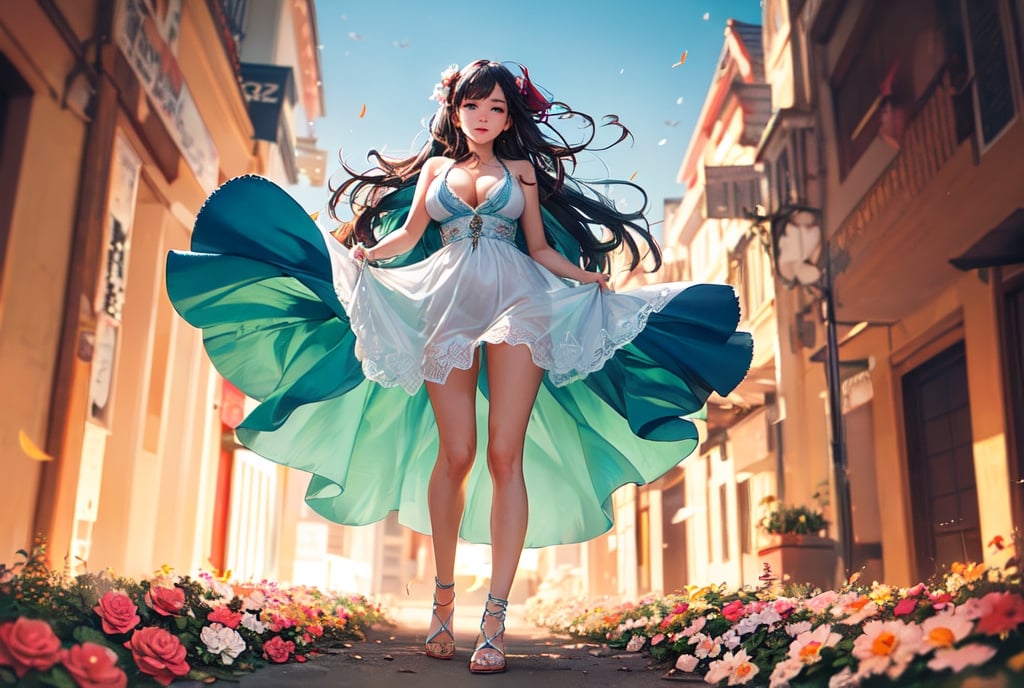 Best quality, high resolution, 8k, realistic and sharp focus,(((full body;1.3))),Woman in sexy white and light blue red dress with tight and deep cleavage created by famous artist ,Space Sky, Moon, windy, dark mode, swaying dress, 1 woman, very intricate details, two people in one frame, fantastic feathers, vibrant colors, garden covered with gypsum roses, beautiful face, beautiful eyes, sparks, blowing in the wind. Korean girl with flower leaves, hair blowing in the wind, dress, body facing forward, beautiful body, 20 years old,1 girl