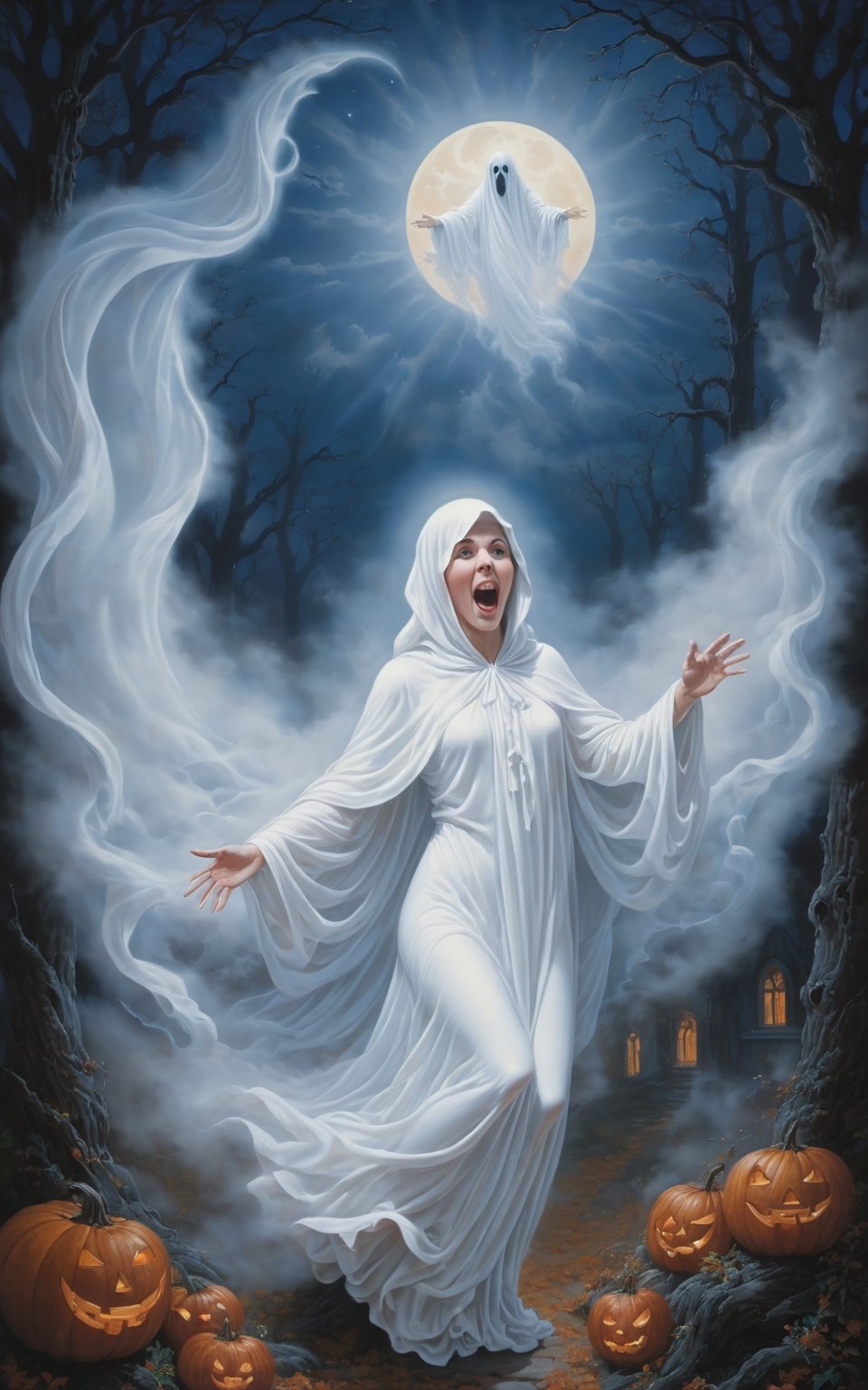 A painting of a ghost standing in front of a full moon, an airbrush painting by James Ryman. A ghost rapes a sleeping woman lying on her back. The ghost spreads the woman's legs and pushes the ghost's cock into the woman's vagina. When I put it in, semen and bodily fluids overflow from the vagina. Woman orgasms from sex with ghost, moans with open mouth, sticks out tongue and caresses the ghost, fantasy art, halloween wallpaper with ghost, white cloak, cute and funny ghost, glowing swirling fog, white silver painting, hollow, scream, raz and thomas kinkade, haunting faces