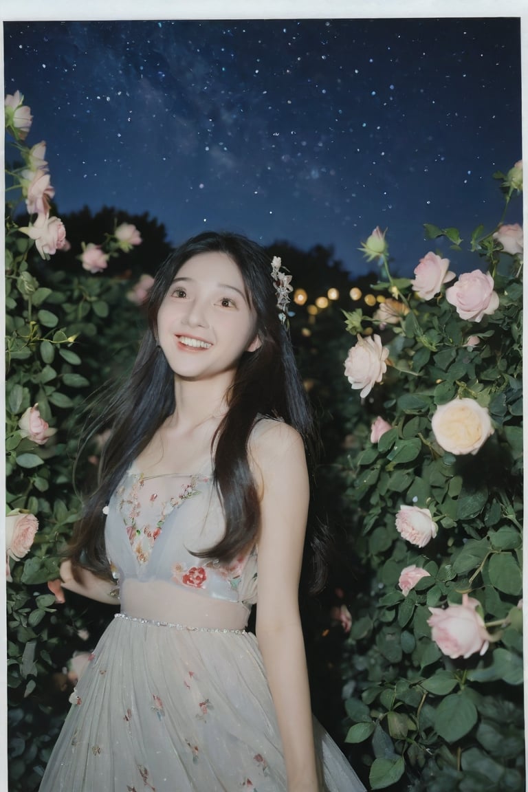 1girl, portrait of a girl, aoqun, Chinese style, polaroid, film, rough feeling, garden full of roses, night, milky way, shooting star, bright light from above, long hair, dress, hair and dress blowing in the wind, flower leaves rising, smile, coolness, realistic, high resolution, high detail, photo, RAW, real life, xxmix_girl