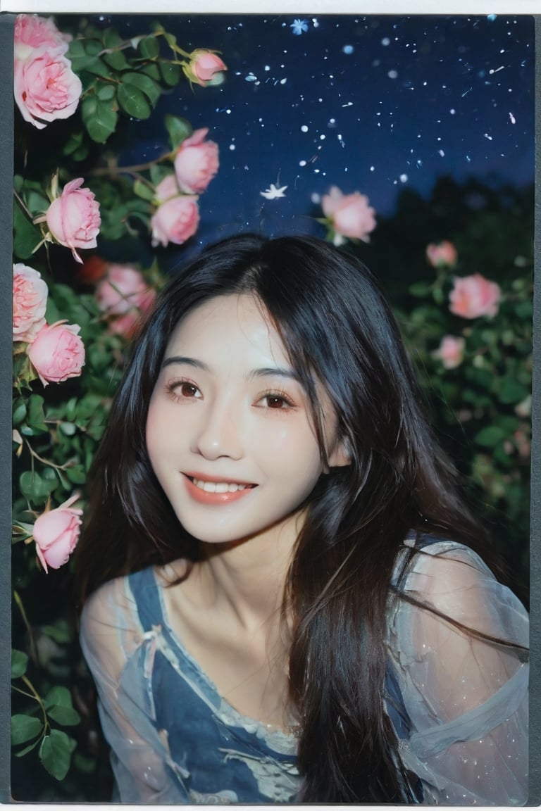 1girl, portrait of a girl, aoqun, Chinese style, clear polaroid, film, rough feeling, garden full of roses, night, Milky Way, shooting stars, long hair, hair blowing in the wind, flower leaves falling, smile, coolness, realistic, high resolution, high detail, photo, RAW, real life,xxmix_girl