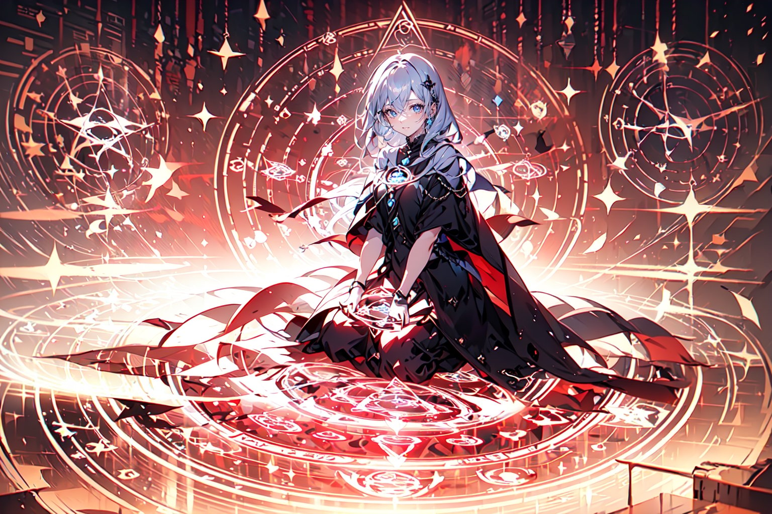 1girl, magic circle_v2.0:0.8,magic circle,portrait,kneeling, silver_hair, red, blue, detailed_face, perfect_eyes
