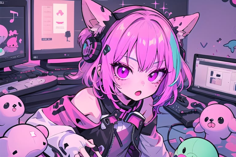 a_girl, frontal, kawaii_creature, color_magenta, magenta_potion, music_producer, future_bass, fall_out