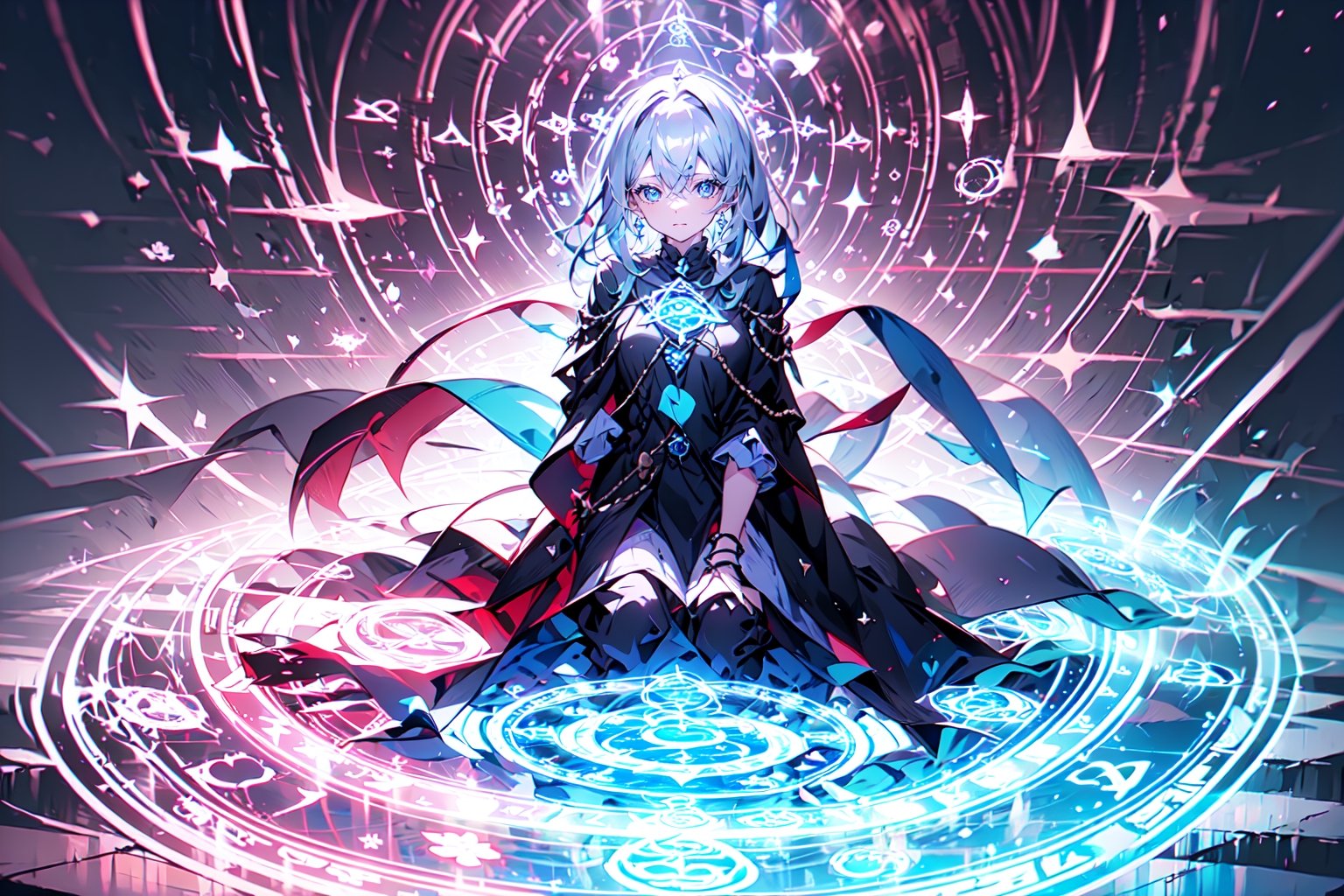 1girl, magic circle_v2.0:0.8,magic circle,portrait,kneeling, silver_hair, violet_background, blue, detailed_face, perfect_eyes
