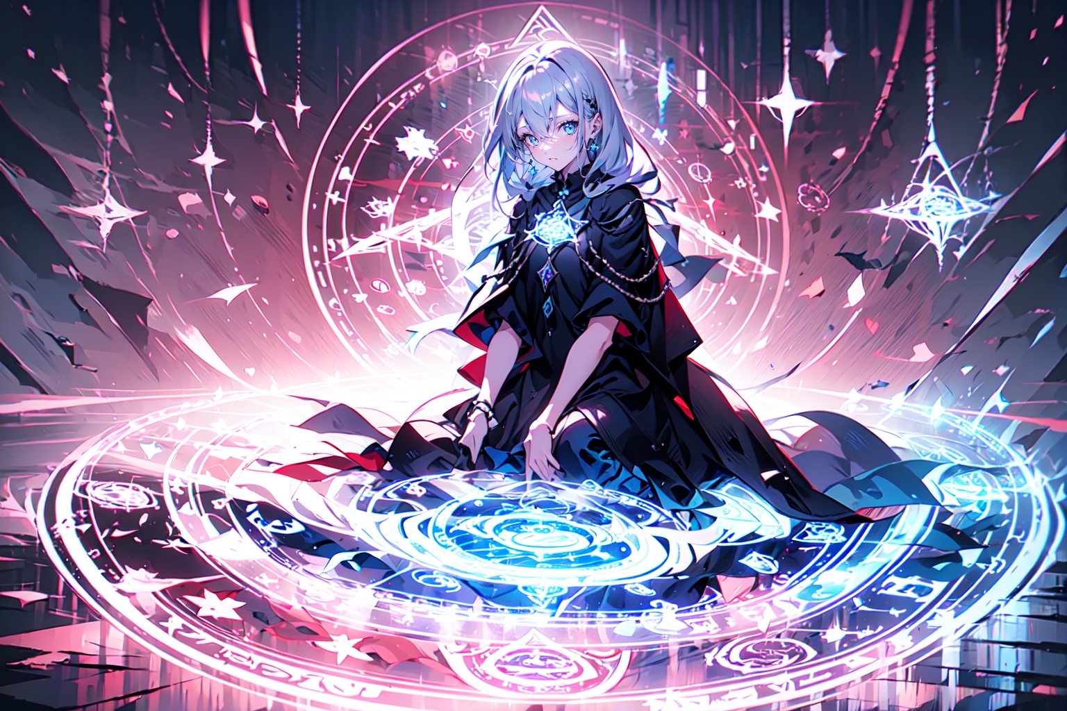 1girl, magic circle_v2.0:0.8,magic circle,portrait,kneeling, silver_hair, violet_background, blue, detailed_face, perfect_eyes, orchestral, gothic_lolita
