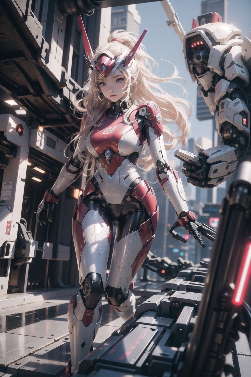 (masterpiece), science fiction, city, scenery, whole body, 1girl, long hair, ponytail, blond hair color, light blue eyes, mecha headgear, panoramic wide angle, Red sci-fi bodysuits color, on a TREADMILL, running,mecha