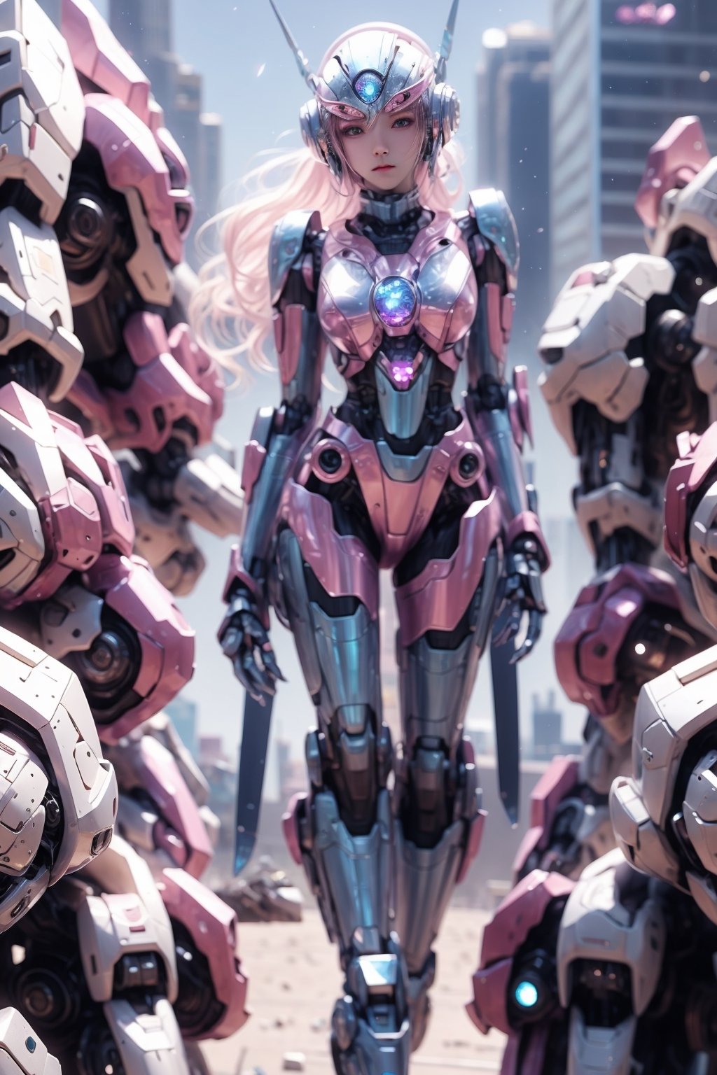 (masterpiece), science fiction, city, scenery, whole body, 1girl, long hair, ponytail, blond hair color, light blue eyes, mecha headgear, panoramic wide angle,sci-fi bodysuits, mecha,DonMC3l3st14l3xpl0r3rsXL