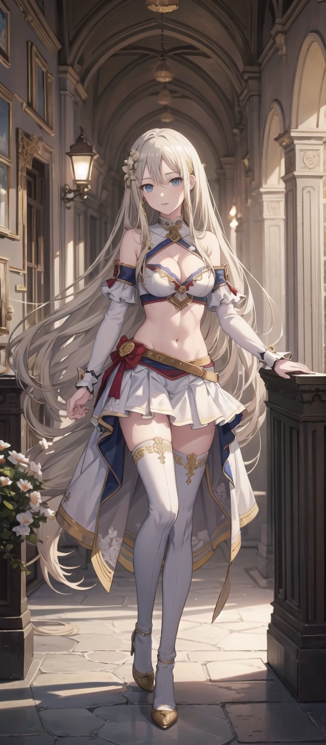 masterpiece, illustration, semi-anime, best detailed, Clear picture, 8K,  beautiful face, looking at viewer ,(masterpiece, high quality:1.2),
Short Skirt, navel, medium_breasts, narrow waist, garden, lustrous skin, leaning, cleavage, blonde_hair, happy ,sexy, thigh high, long hair, bare_shoulders, bikini,