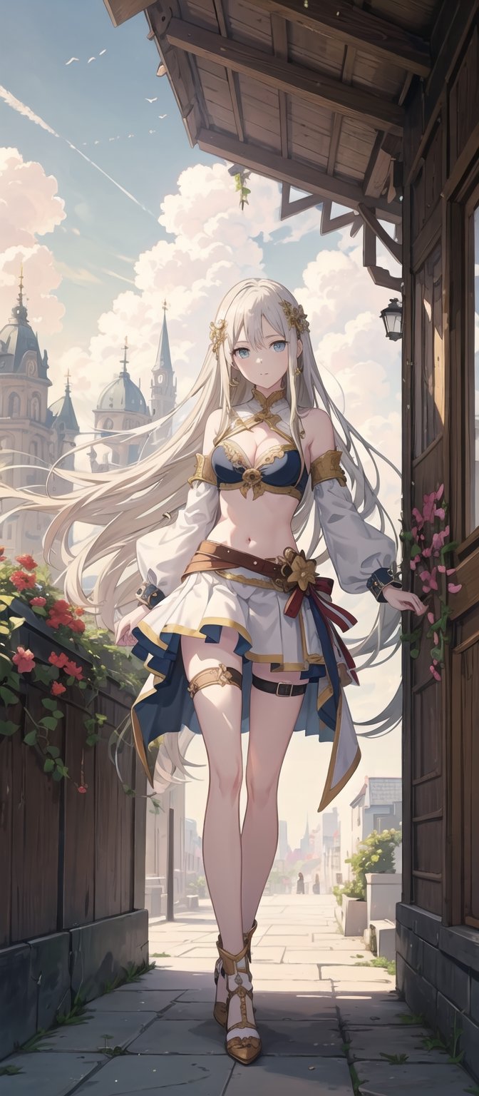 masterpiece, illustration, semi-anime, best detailed, Clear picture, 8K,  beautiful face, looking at viewer ,(masterpiece, high quality:1.2),
Short Skirt, navel, medium_breasts, narrow waist, garden, lustrous skin, leaning, cleavage, blonde_hair, happy ,sexy, thigh high, long hair, bare_shoulders, bikini,