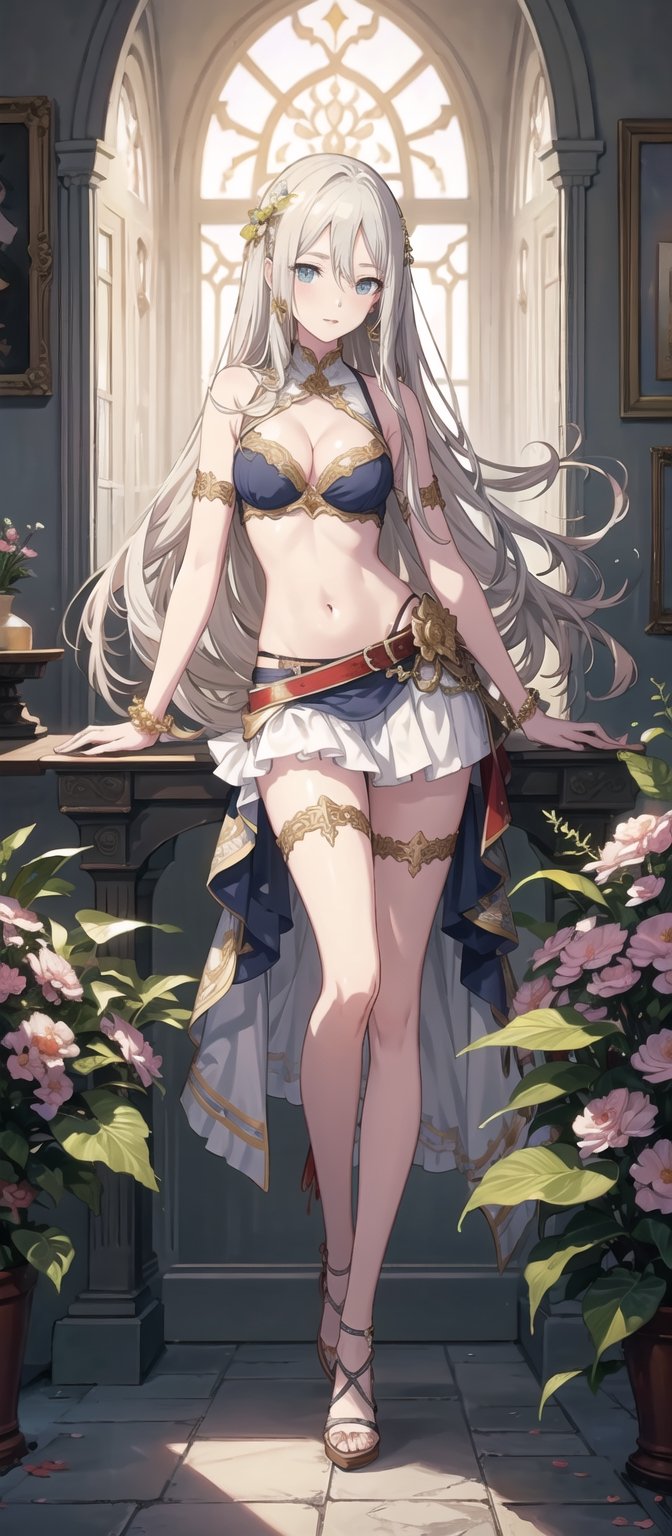 masterpiece, illustration, semi-anime, best detailed, Clear picture, 8K,  beautiful face, looking at viewer ,(masterpiece, high quality:1.2),
Short Skirt, navel, medium_breasts, narrow waist, garden, lustrous skin, leaning, cleavage, blonde_hair, happy ,sexy, thigh high, long hair, bare_shoulders, bikini, slender body