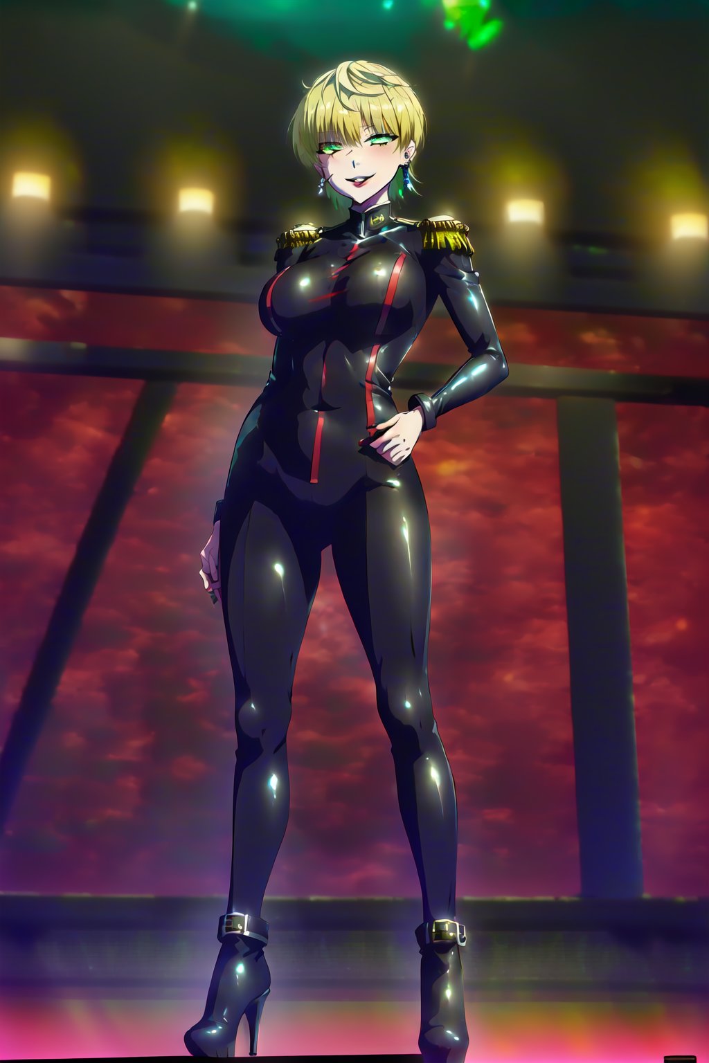 ((best quality)),  ((highly detailed)),  masterpiece, 4k, 8k, uhd create ((official art)), ((((green eyes)))), (((((black bodysuit latex))))), latex ,smile, smirk, ((((large breasts)))), ((((big_tits)))), (((((big_breasts))))), (((full_body))), ((high_heels_boots)), (high_heels), ((sexy_pose)), (seductive_smile), (smirk), ((standing)), (((((full bodysuit))))), 1girl, ((((black lips)))), ((evil smile)), ((latex)), evil,, ((((full body latex)))) ,(( Sexy High Heels Platform Boots)), Tenka Izumo, solo, earrings, jewelry, short hair, blue eyes, epaulettes, blonde hair, green hair, looking at viewer, masterpiece, best quality, highres, detailed_eyes, (((((detailed_face)))))