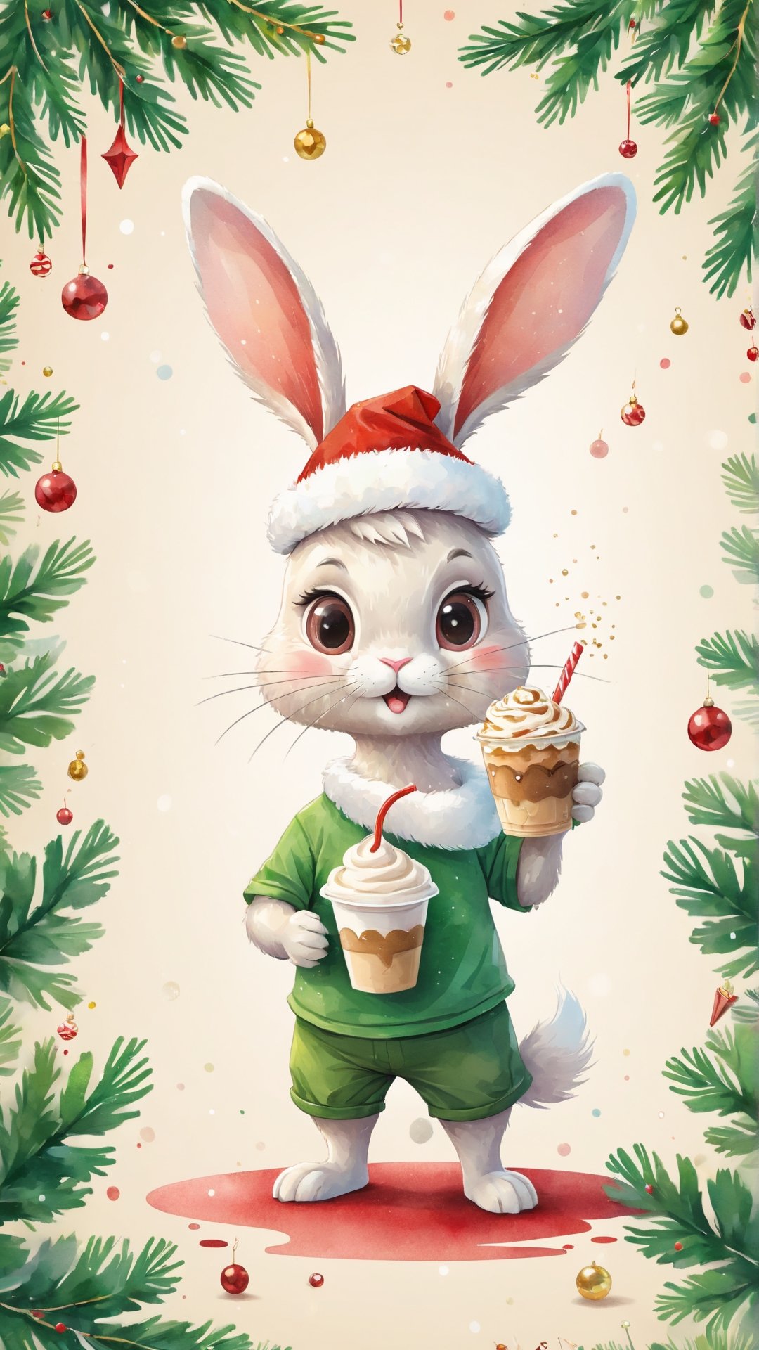 A detailed illustration of a print of a cute rabbit standing under Christmas tree and it wear Santa hat drinking cup of frappuccino, Christmas theme, hyper realistic high quality, t-shit desing graphic, vector, carton, contour, fantasy swirls splash, modern t-shirt design, in the style of Studio Ghibli, light white red and green pastel tetradic colors, 3D vector art, cute and quirky, fantasy art, watercolor effect, bokeh, Adobe Illustrator, hand-drawn, digital painting, low-poly, soft lighting, bird's-eye view, isometric style, retro aesthetic, focusedon the character, 4K resolution, photorealistic rendering, usingCinema 4D,