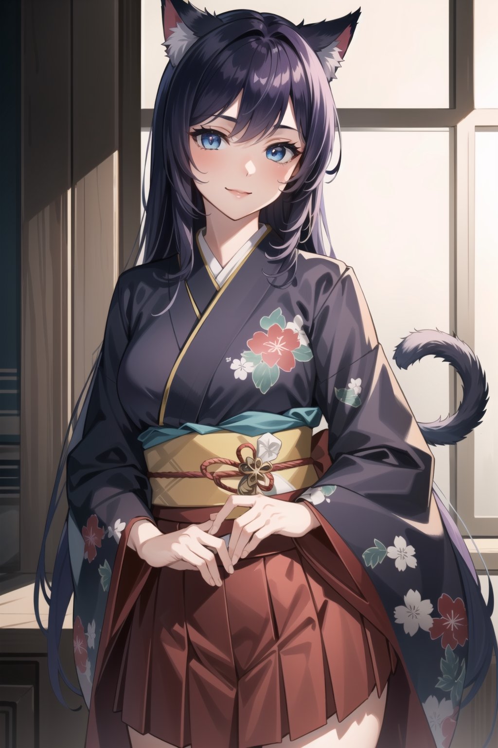 (masterpiece, best quality, ultra-realistic, 8k),(illustration),1girl,long hair,(Dark purple hair),(beautiful detailed eyes:1.2),(light_blue_eyes),red eyeshadow,light smile,breasts,kimono,pleated skirt,cat ears,cat tail