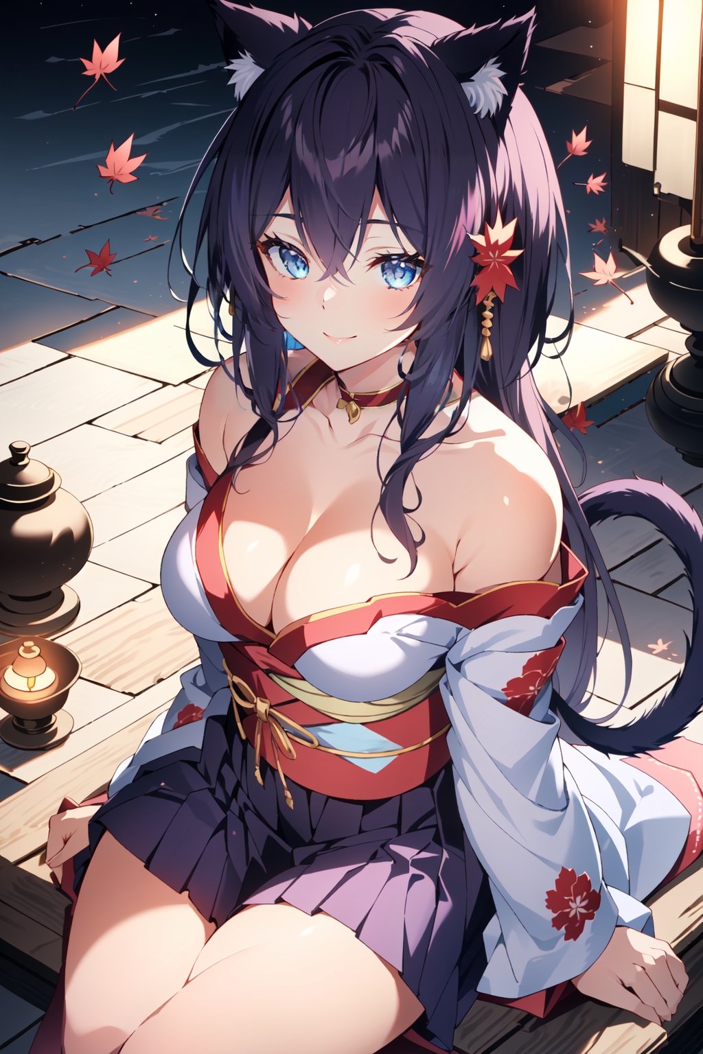 medium fcae,mature female,mature body,(Hair blocks the ears:1.3),Dark purple hair,long hair,light blue eyes,cat ears,cat tail,breasts,medium cleavage,bare shoulders,kimono,mini pleated skirt,stone lantern,maple leaf,tea room,Dark purple hair,Light blue eyes,sitting,smile