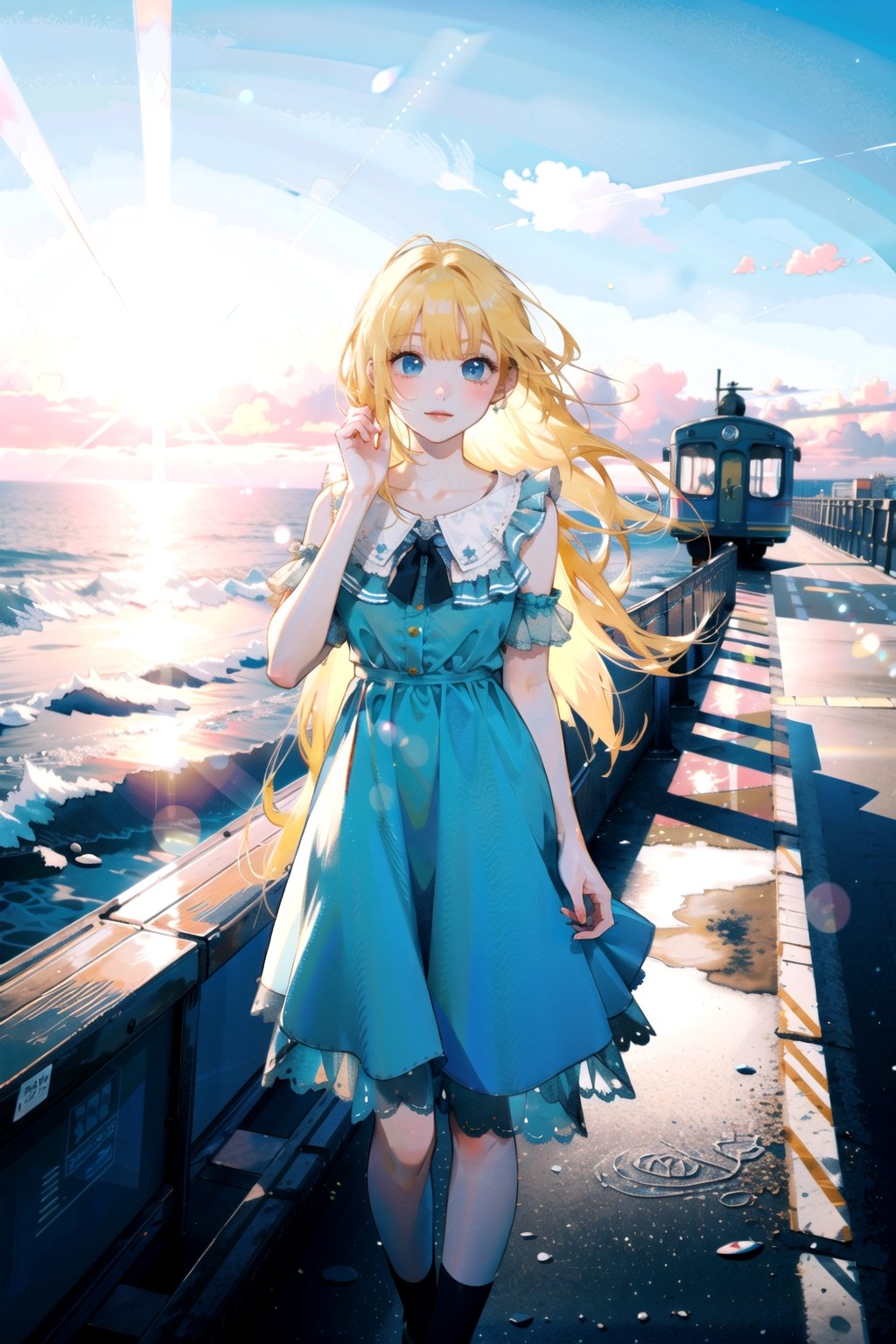 (masterpiece, best quality, highres:1.3), ultra resolution image, (1girl), (solo), kawaii, blonde hair, long flowing hair, sunlight, in the middle of the ocean, magical train, fantasy, azure sea, vibrant dress, railway bench, calm, sky, soothing sunset, (harmony of solitude:1.5), trainquil ocean, daylight, dreamlike, serene, hope