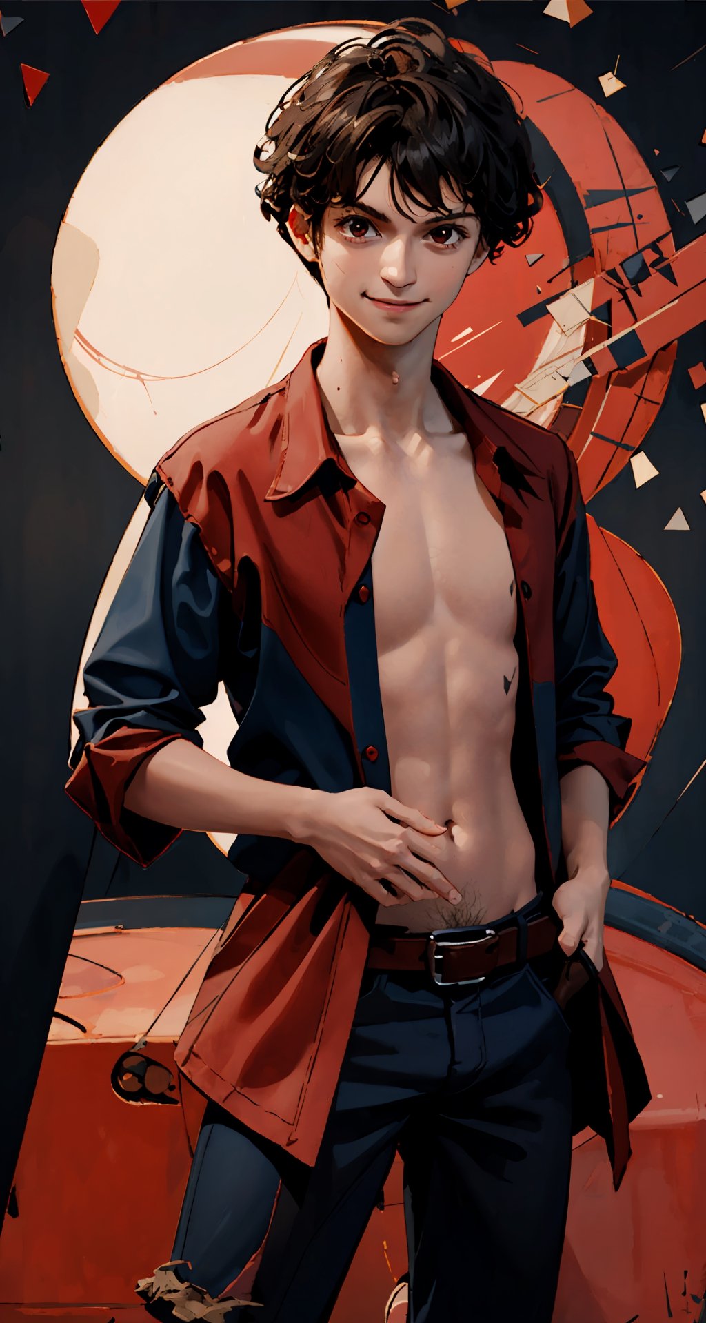 (masterpiece, best quality:1.2), , cowboy shot, solo, male focus, 1boy, MDLuffy, smile, hands in pockets, open shirt, scar on chest, DisintegrationEffect, (dark), (black and red background),MDLuffy