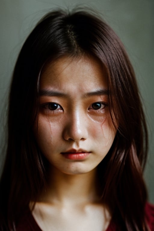 portrait photo of a 18 yo Chinese girl,blue eyes,red hair,crying,looking at viewer,