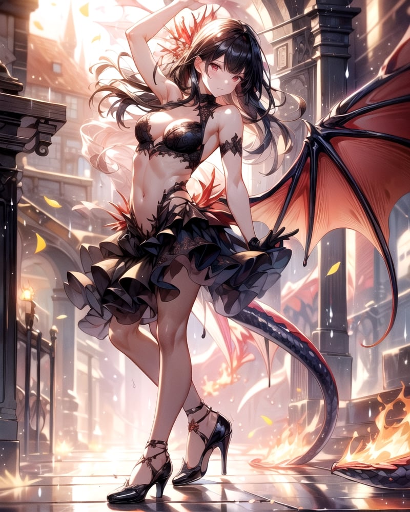 (masterpiece, best quality:1.3, ultra-realistic, 8k, photoshop, realistic illustration,) 1girl,medieval town, dragon wings ,dragon tail,light skin,reflection,black dress, shiny skin,sunshine ,rain, flames, w arms,stomach,stocking, heels,medium breasts, black hair, pale skin,, long gloves, dance pose,