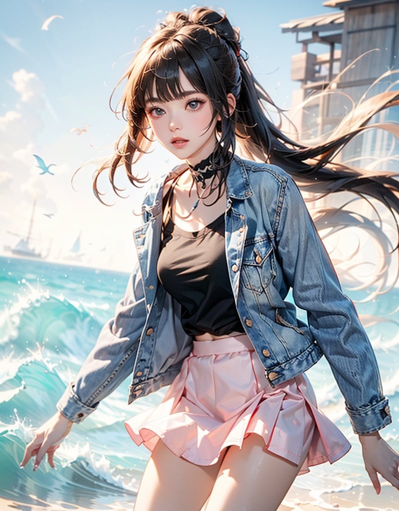 (masterpiece, best quality:1.3, ultra-realistic, 8k,photoshop,realistic,illustration)1girl blonde_hair braid braided_ponytail choker cowboy_shot crop_top cropped_jacket wather_floating ocean denim denim_skirt grey_background jacket long_hair looking_at_viewer miniskirt  pink_choker pink_jacket shirt skirt solo very_long_hair beach_background white_shirt Kokomi,ASU1