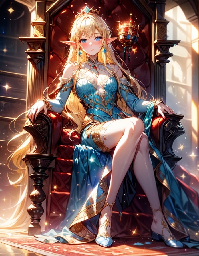 (masterpiece, best quality:1.3, ultra-realistic, 8k, photoshop, realistic illustration,) 1girl, pale skin, skinny, blush, shiny hair,light,crown ,dust particles,yellow hair,princess dress, blue eyes, elf, throne, white  room, red rug, lamps, ,FFIXBG