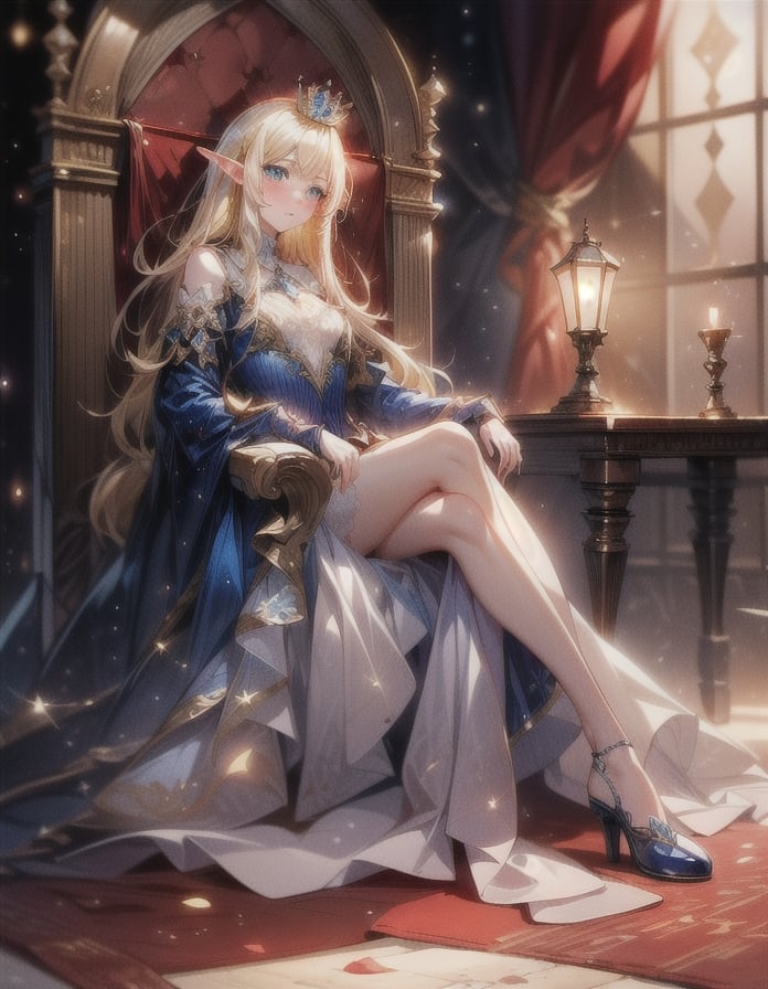 (masterpiece, best quality:1.3, ultra-realistic, 8k, photoshop, realistic illustration,) 1girl, pale skin, skinny, blush, shiny hair,light,crown ,dust particles,yellow hair,princess dress, blue eyes, elf, throne, white  room, red rug, lamps, ,FFIXBG