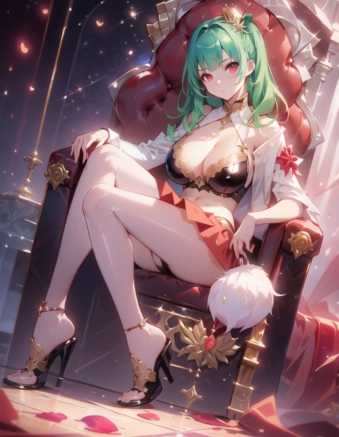 (masterpiece, best quality:1.3, ultra-realistic, 8k, photoshop, realistic illustration,) 1girl, pale skin, skinny, red skirt,latex clothes, cleavage, abs, big breasts, big thighs, green hair, red eyes, throne,clastle room,Nagatiti,paw print,1 girl