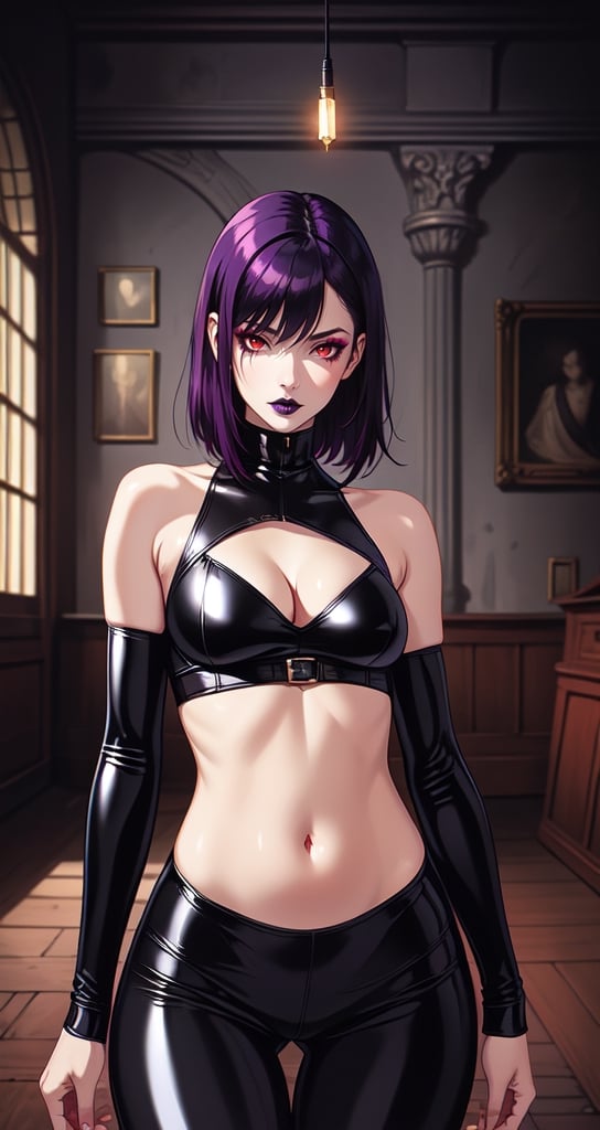 (masterpiece, best quality, realistic, photoshop, illustration)1girl,skinny,flat chest,purple tip hair ,black hair, red eyes,dark makeup,got style,skinny thighs,latex clothes,leggings,navel,cleavage,sexy pose,old castle room
