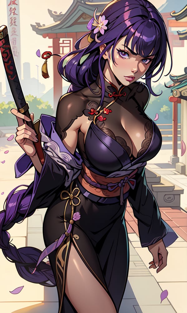 (masterpiece, best quality, realistic, photoshop, illustration) 1girl,skinny,purple hair,hair accessories,yukata,cleavage,backwards,backwards,big breasts,(chinese temple:1.2),petals,sakura petals,long hair,character sheet ilustration,raiden shogun,raiden_shogun_ckxl,body shape,skinny,height_difference,light_purple_hair,skindentation,shiny,raiden_shogun_genshin,Raidenshogun,1 girl,looking_at_viewer,mad look,katana