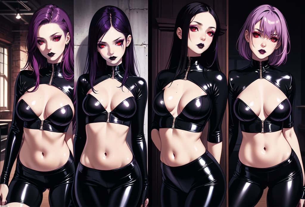 (masterpiece, best quality, realistic, photoshop, illustration)1girl,skinny,flat chest,purple tip hair ,black hair, red eyes,dark makeup,gothic ,skinny thighs,latex clothes,leggings,navel,cleavage,sexy pose,bedroom