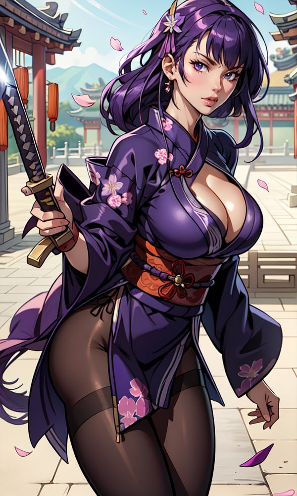 (masterpiece, best quality, realistic, photoshop, illustration) 1girl,skinny,purple hair,hair accessories,yukata,cleavage,backwards,backwards,big breasts,(chinese temple:1.2),petals,sakura petals,long hair,character sheet ilustration,raiden shogun,raiden_shogun_ckxl,body shape,skinny,height_difference,light_purple_hair,skindentation,shiny,raiden_shogun_genshin,Raidenshogun,1 girl,looking_at_viewer,mad look,katana