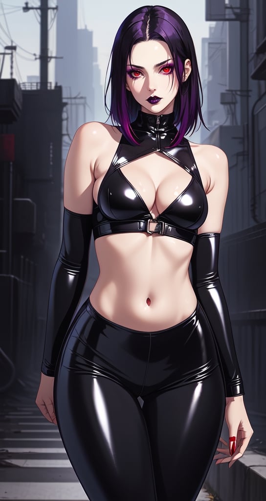 (masterpiece, best quality, realistic, photoshop, illustration)1girl,skinny,flat chest,purple tip hair ,black hair, red eyes,dark makeup,got style,skinny thighs,latex clothes,leggings,navel,cleavage,sexy pose
