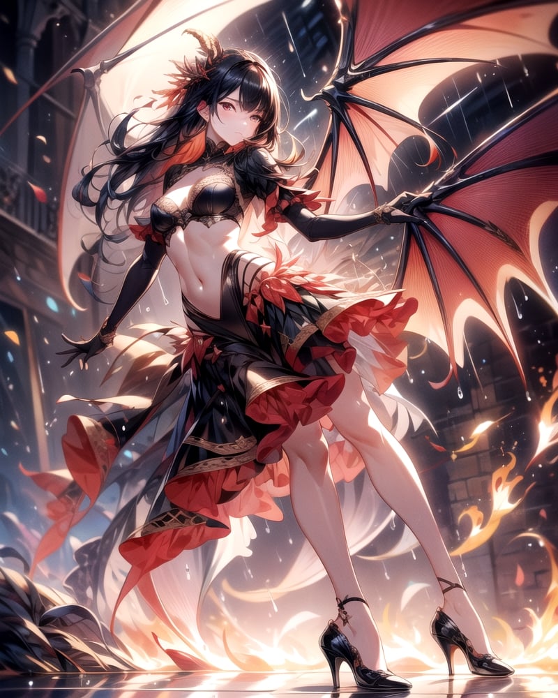 (masterpiece, best quality:1.3, ultra-realistic, 8k, photoshop, realistic illustration,) 1girl,medieval town, dragon wings ,dragon tail,light skin,reflection,black dress, shiny skin,sunshine ,rain, flames, w arms,stomach,stocking, heels,medium breasts, black hair, pale skin,, long gloves, dance pose,