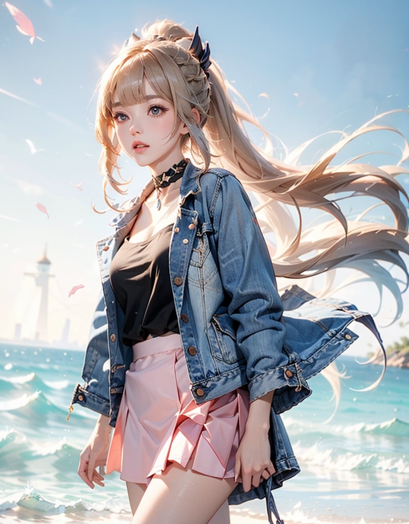 (masterpiece, best quality:1.3, ultra-realistic, 8k,photoshop,realistic,illustration)1girl blonde_hair braid braided_ponytail choker cowboy_shot crop_top cropped_jacket wather_floating ocean denim denim_skirt grey_background jacket long_hair looking_at_viewer miniskirt  pink_choker pink_jacket shirt skirt solo very_long_hair beach_background white_shirt Kokomi,ASU1