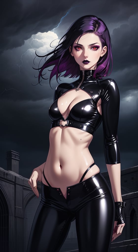 (masterpiece, best quality, realistic, photoshop, illustration)1girl,skinny,flat chest,purple tip hair ,black hair, red eyes,dark makeup,gothic ,skinny thighs,latex clothes,leggings,navel,cleavage,sexy pose,dark clouds behind,flying,sky, storm