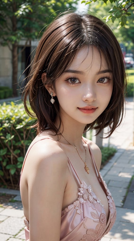 (best quality,masterpiece, photorealistic, highly detailed), Could you please create a close-up portrait of 1 beautiful asian girl who is like a princess, her age is around 20 years old and she is exceptionally beautiful and sexy with large-sized breasts, she has beautiful detailed eyes and ((her smile is charming)), she has medium-length light-brown hair, she is wearing a gorgeous pink formal dress, earrings, necklace, realistic detailed skin texture, detailed hair,she is standing in the royal garden on a sunny day, looking at the camera, sharp-focus, side view, bokeh, asian girl,high_school_girl