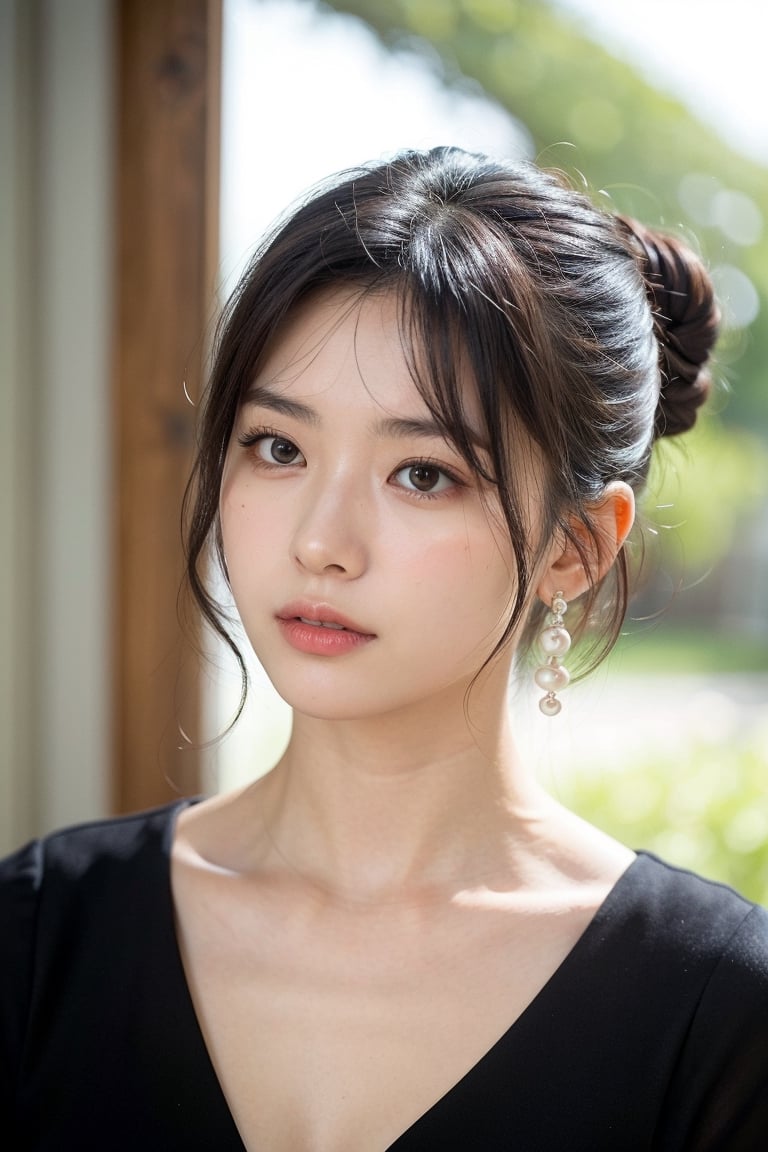 photorealistic, raw photo:1.2, hyperrealism, ultra high res, Best quality, masterpiece, 8k, realistic light, delicate facial features, 

An 18-year-old Korean woman, (((a full body shot)))

Hair and Hairstyle
The person in the image is a young woman with dark brown hair that is neatly tied back in a low bun, giving her a polished and refined look. Her hair is parted slightly to the side, with a few loose strands framing her face, adding a touch of softness to her overall appearance.

Facial Features
Her face is oval-shaped with a smooth, fair complexion that appears flawless and radiant. She has large, almond-shaped eyes that are dark brown and expressive. Her eyelashes are long and accentuated with mascara, while her eyelids have a subtle hint of eyeliner, making her eyes stand out even more. Her eyebrows are well-groomed and slightly arched, complementing her facial features perfectly.

Expression and Makeup
Her nose is straight and well-proportioned, and her lips are full with a natural, light pink lipstick that enhances her youthful and fresh look. Her expression is serious and focused, giving the impression that she is deeply engaged or conveying something important.

Outfit and Accessories
She is wearing a beige blouse with an abstract pattern consisting of black, red, and white elements. The blouse has a high neckline and is buttoned up, adding to her sophisticated and elegant style. She accessorizes with small, delicate pearl earrings that dangle slightly, contributing to her overall polished appearance.

Lighting and Background
The lighting in the image is soft and even, highlighting her facial features without casting harsh shadows. The background is plain and unobtrusive, ensuring that the focus remains entirely on her.

Overall Mood
The overall mood of the image is calm, serious, and contemplative, suggesting that she is in the midst of a thoughtful conversation or presentation
