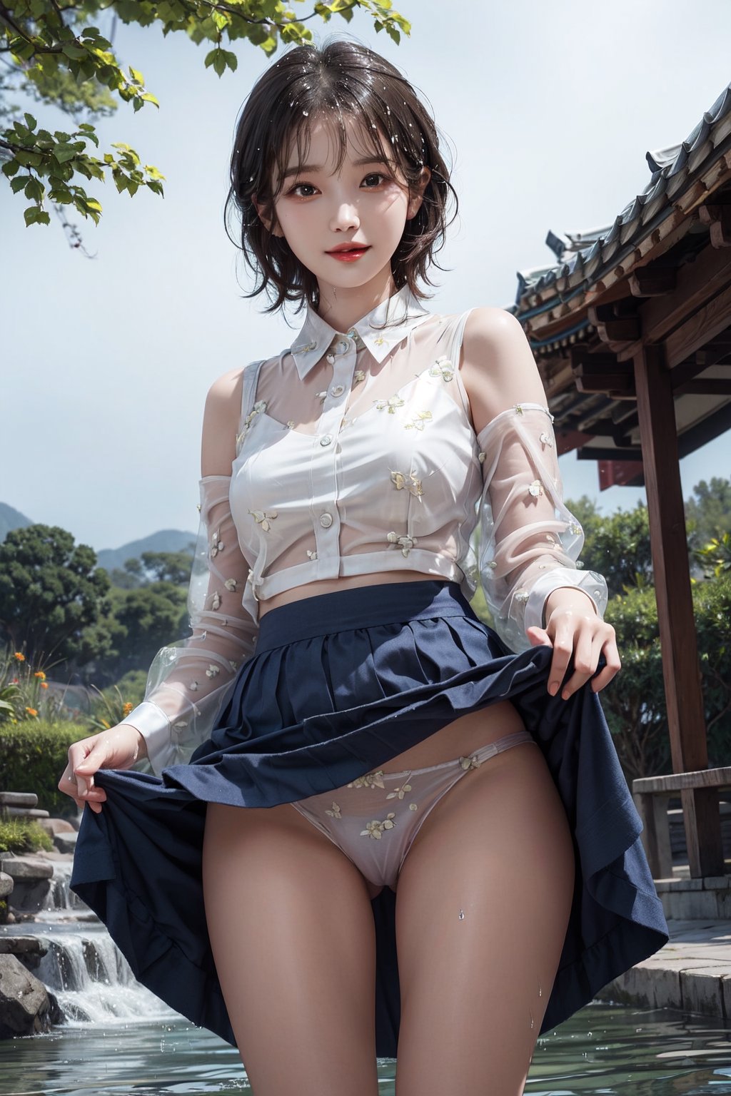 Beautiful realistic korean teen girl with short hair,wet with water, 
pulling up skirt and show her panty, transparent nightwear panty,(shot from below),bold pussy lips, cameltoe, 
wearing a korean school uniform,shoulder exposure, small breasts, loose wet transparent blouse, navy skirt, outdoors,
 stand on the stream, looking at the camera, using magic, bright smile, 8k masterpiece, ultra realistic, UHD, highly detailed, best quality,

skirt_lift,iu