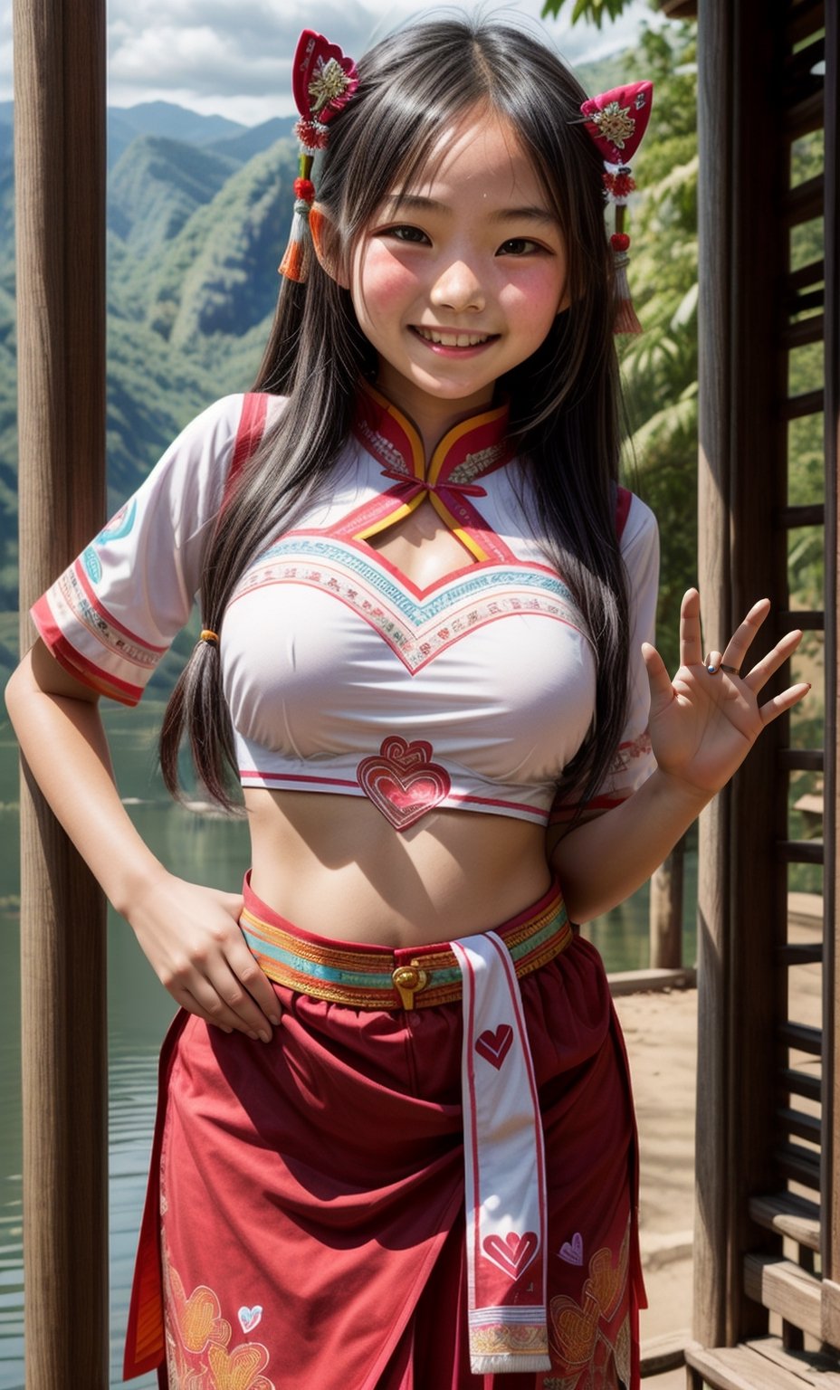 12 year old girl, Laos Hmong, ((Miao)), traditional clothes, big breasts, slim waist, cute girl, making heart with hands and smiling face,