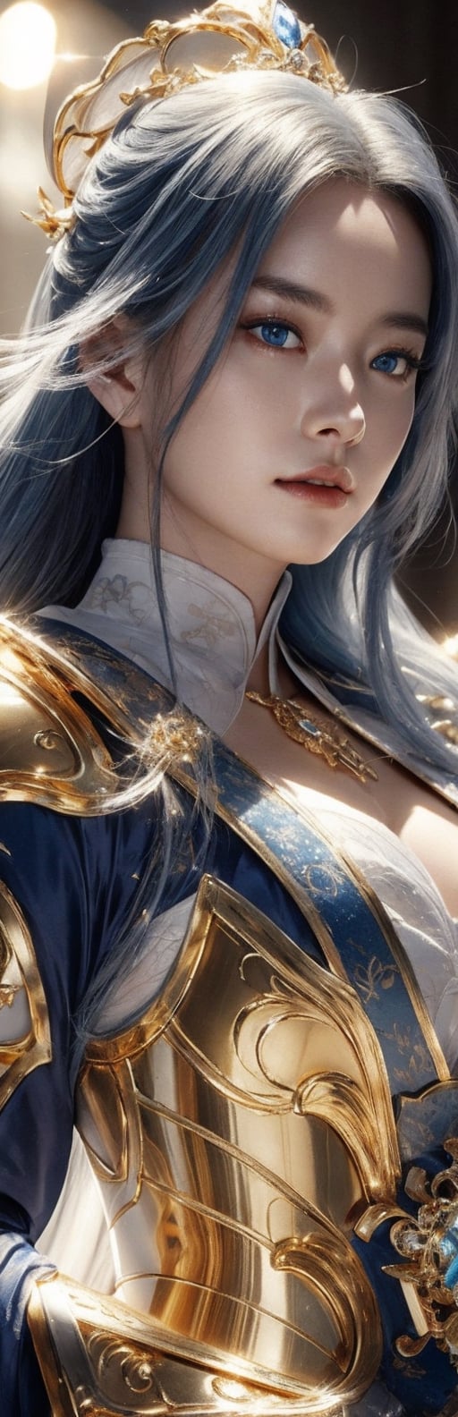 best quality, high resolution, 8k, realistic, sharp focus, photorealistic image of a graceful white haired lady, blue eyes, this lady wearing golden armor with golden magical bell in her possesion, shiny skin, ice theme, huoshen, zhurongshi, huoshen, blurry_light_background, EpicSky,1 girl,hyojoo