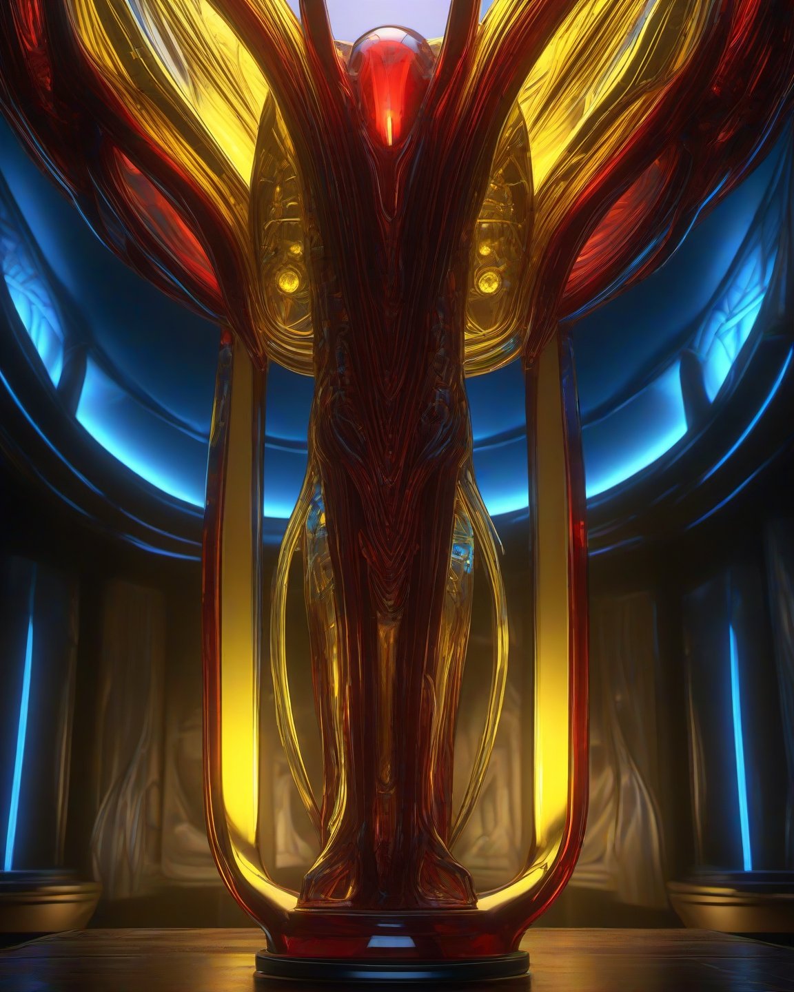 glass Sculpture , in style of Giger backlit, red yellow blue lighting,epic,cinematic,photorealistic    
trending on Artstation  highly detailed  digital painting  ultra reallistic  extremely detailed  studio lighting  photorealistic beautiful  high detail  dynamic lighting  hyperrealistic  high definition  crisp quality  colourful cinematic postprocessing  RHADS  Artgerm,ZilleAI,Leonardo Style